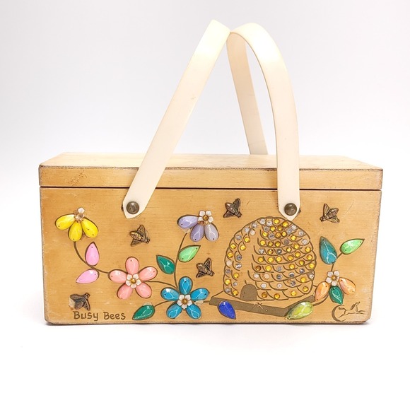 Enid Collins Of Texas 1960's Wood Box Purse "Busy Bees" Boho Vintage Handbag - Picture 2 of 13